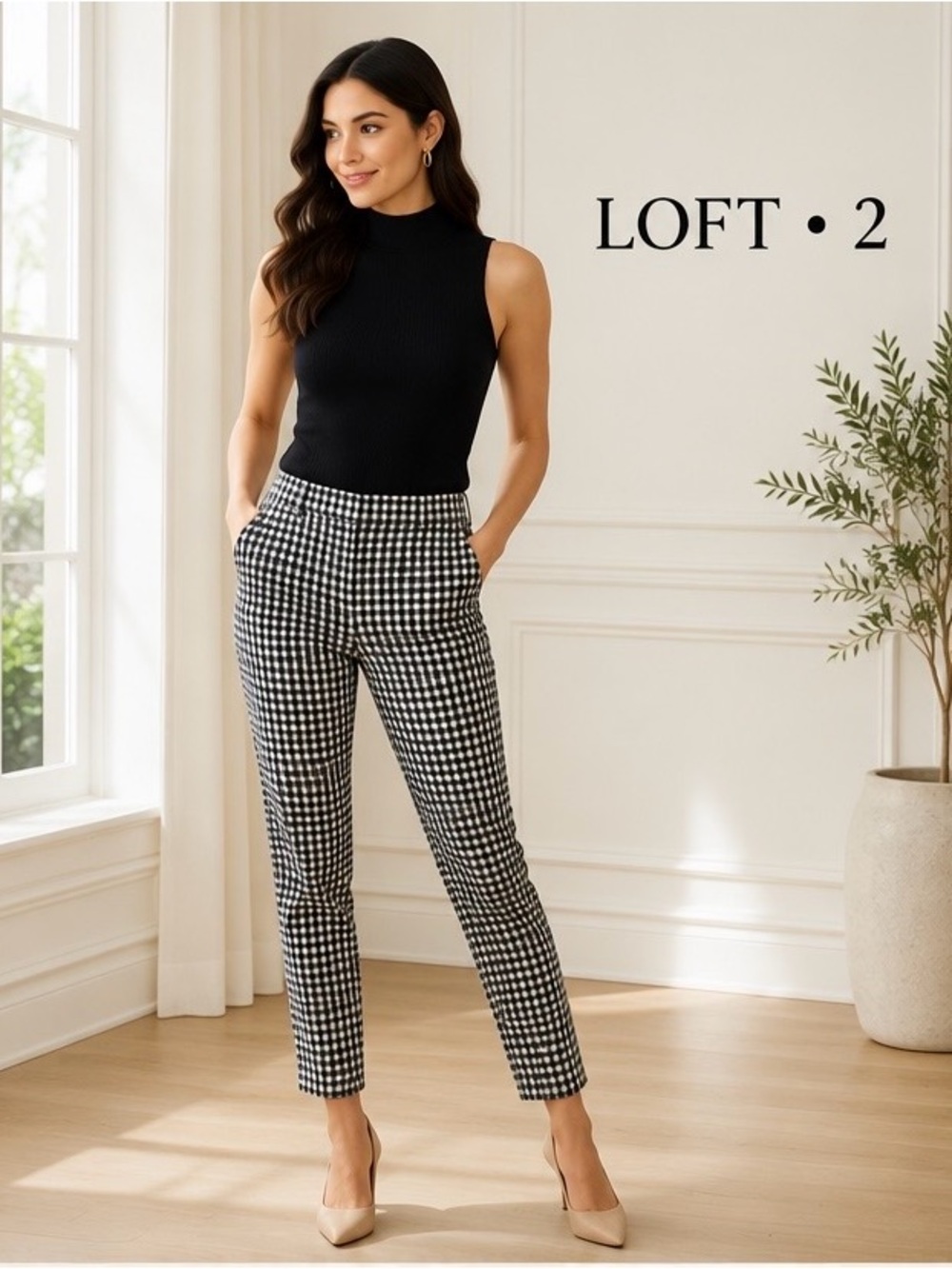 LOFT Marisa Gingham Ankle Pants Size 2 Black White Slim Stretch